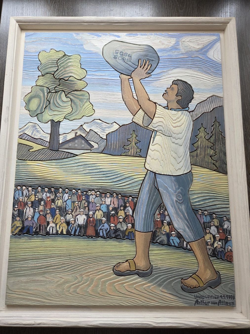 Posters & Illustrations: Holzbild Unspunnensteinstosser – D'occasion à Lenk im Simmental par alpenhotel