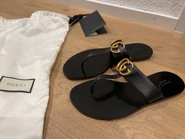 Gucci Double G String Sandale Schwarz Leder
