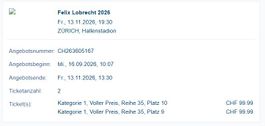 2 x Felix Lobrecht im Hallenstadion Zürich, tolle Plätze