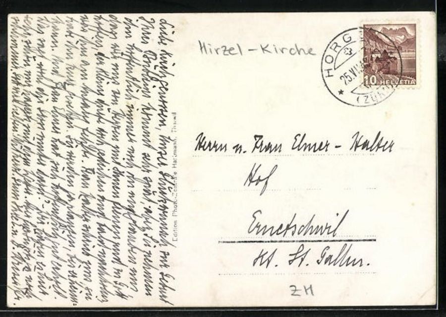 Ansichtskarten: Hirzel, Kirche, gelaufen 1940 – Gebraucht aus Frauenfeld von POML 1