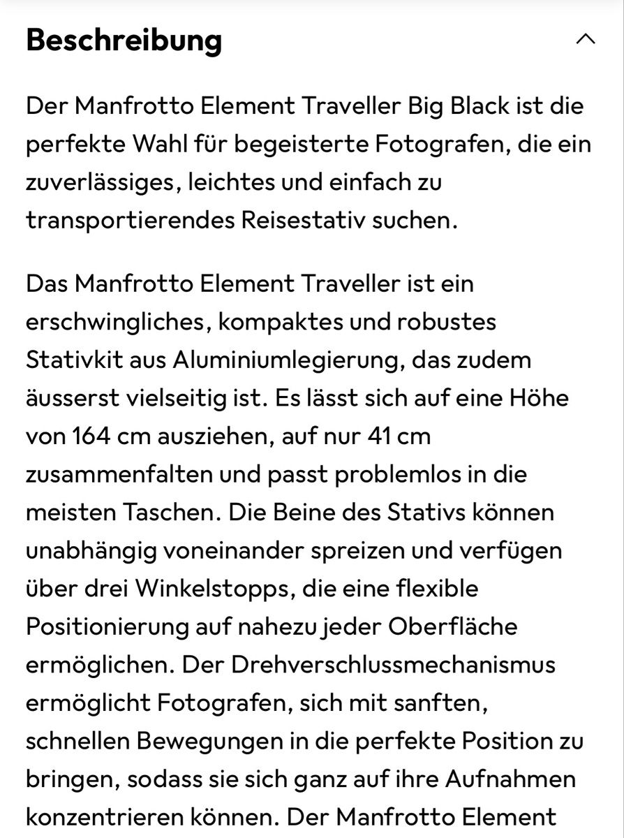 Manfrotto Altri Accessori: Manfrotto Element Traveller Kit L (Stativ) – Usato da Rorschacherberg venduto da miiko 1
