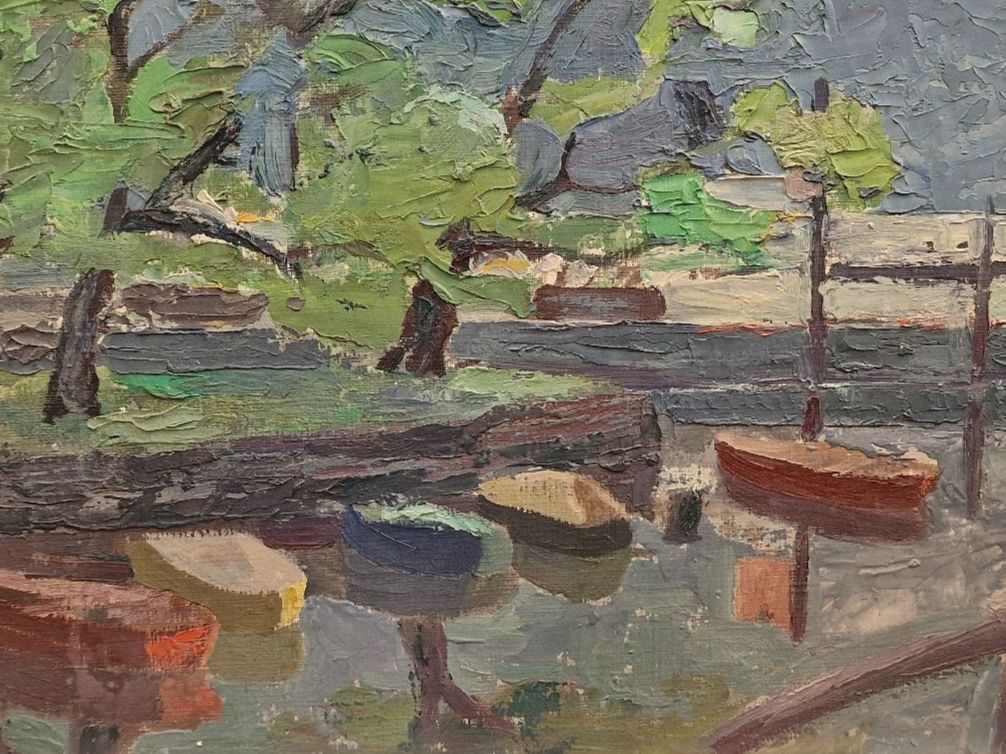 Dipinti: Gemälde "Boote am See", Öl auf Platte – Usato da BERN venduto da Intarsia