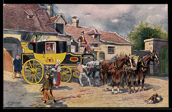 Cartoline postali: Postkutsche macht Station in einem Dorf, – Usato da Berlin venduto da bartko-reher