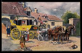 Postkutsche macht Station in einem Dorf,