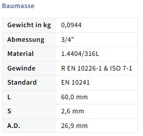 GF Ferramenta: Rohrdoppelnippel 3/4" x 60mm – Nuovo e nell'imballaggio originale da Amriswil venduto da SwissFittings 1