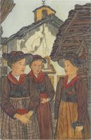 Dorfkirchlein  im  Wallis   -    3  Damen  in  Tracht