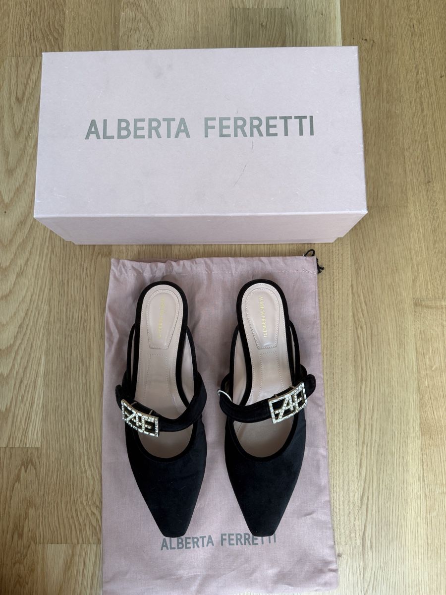 Damenschuhe: Alberta Ferretti Samt Mules Schwarz Gr. 38 Neuwertig – Neu und originalverpackt aus Zürich von vintagewiedikon 1