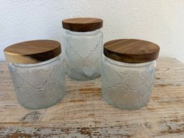 3 Vorratsgläser / Dekogläser aus Glas mit Holzdeckel, Neu