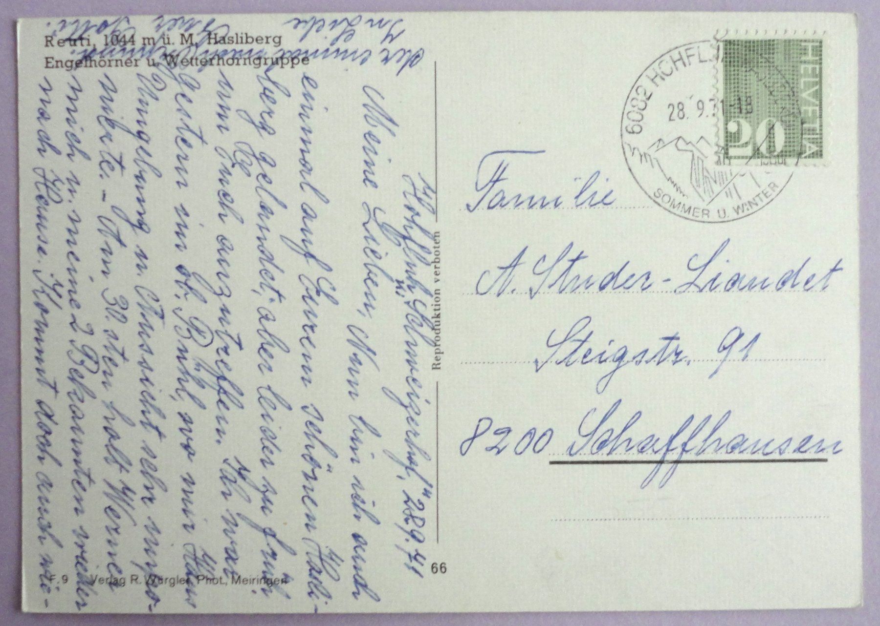 Cartoline postali: Reuti, 1044 m ü.M., Hasliberg – Usato da Fétigny venduto da Billy2miny 1