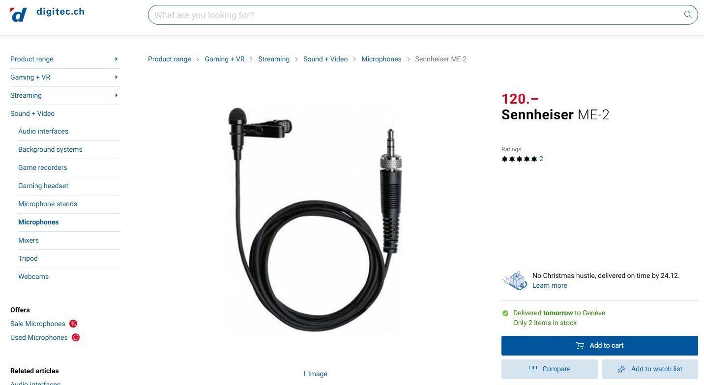 Sennheiser Microfoni: Sennheiser ME 2 Professional Lavalier Microphone – Usato da Geneve venduto da T36