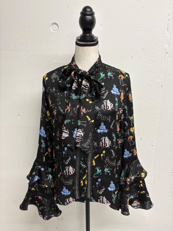 Gracia Bluse mit Muster M schwarz Volants Schluppenbluse
