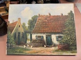 Oelgemälde Bauernhof mit Hühnern signiert guter Zustand