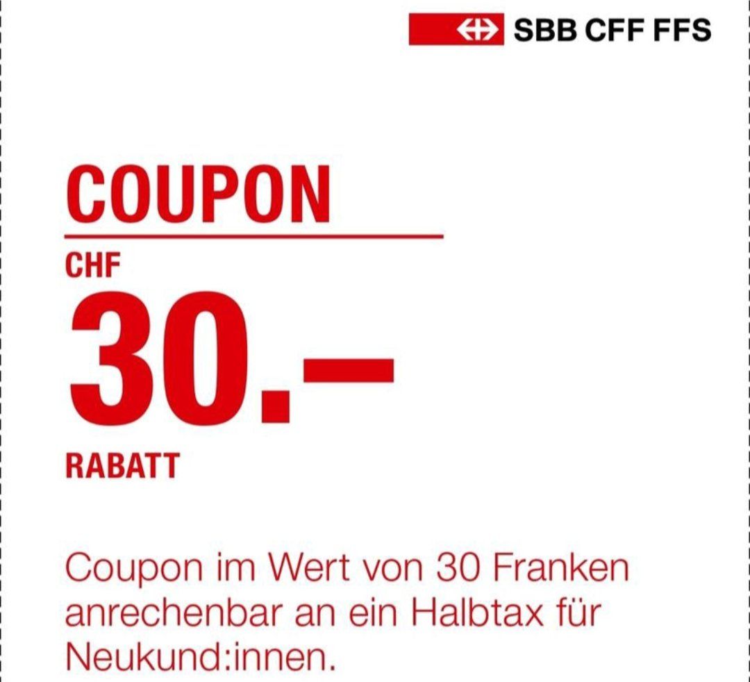 SBB/CFF/FFS Buoni: 30 Fr. Rabatt für SBB Halbtax-Abo – Nuovo e nell'imballaggio originale da Köniz venduto da Gamecollect