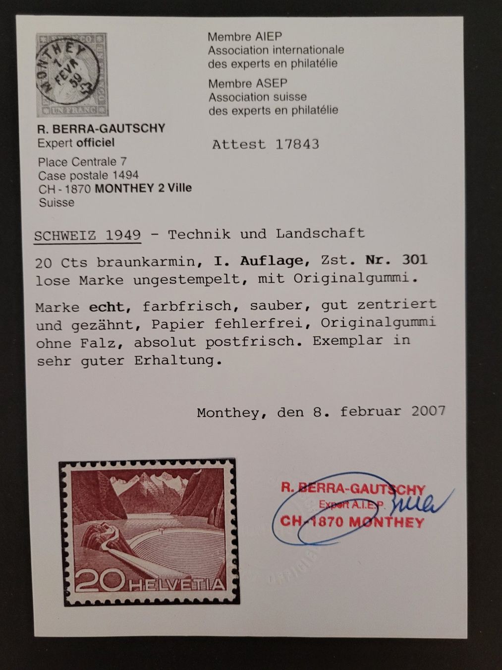 Tutti i francobolli: 1949 Technik und Landschaft 301 Urtype postfrisch – Nuovo (secondo la descrizione) da Luzern venduto da Iorek_Byrnison