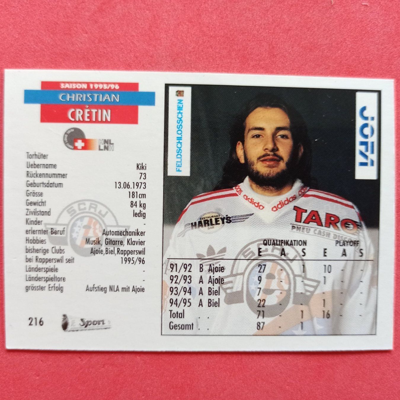 Carte collezionabili: Christian Crétin - RAPPERSWIL - 1995/96 – Usato da Dübendorf venduto da kb86_MOVIE 1