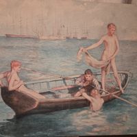 Kunsdtruck "Fischer Knaben" von H.St. 1866 - Rarität!