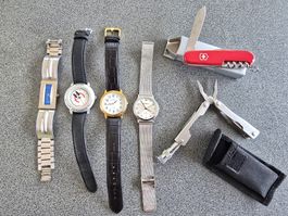 Herren Uhren Set 4 Stk. ein Sackmesser Konvolut.
