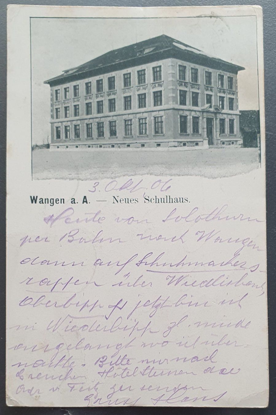 Cartoline postali: Wangen a. A. - Neues Schulhaus 1906 – Usato da Kreuzlingen venduto da Rschweiz1