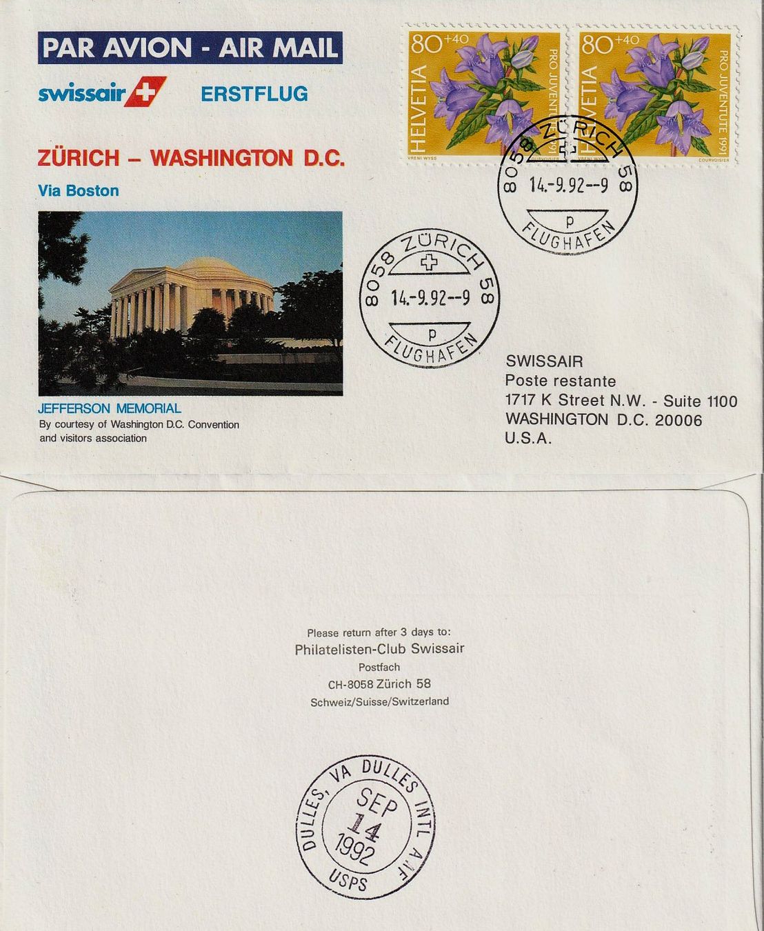 Tutti i francobolli: 1992 Erstflug Zürich-Washington D.C. – Usato da Arlesheim venduto da gaugi43