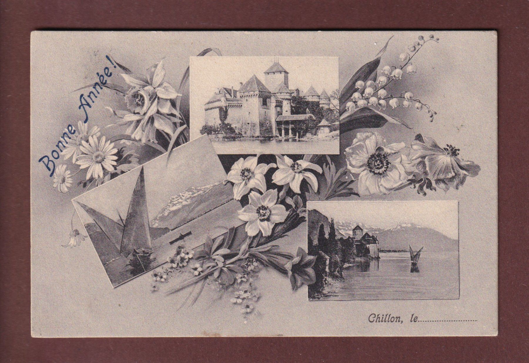 Cartoline postali: CHILLON - Fleurs et 3 images - 1913 – Usato da Pully venduto da nicecards