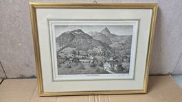 Original Grafik Giswil mit Gernerstock, signiert!50/60 29x20