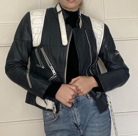 Leather Jacket Navy Blue/White Quilted Shoulders Size S