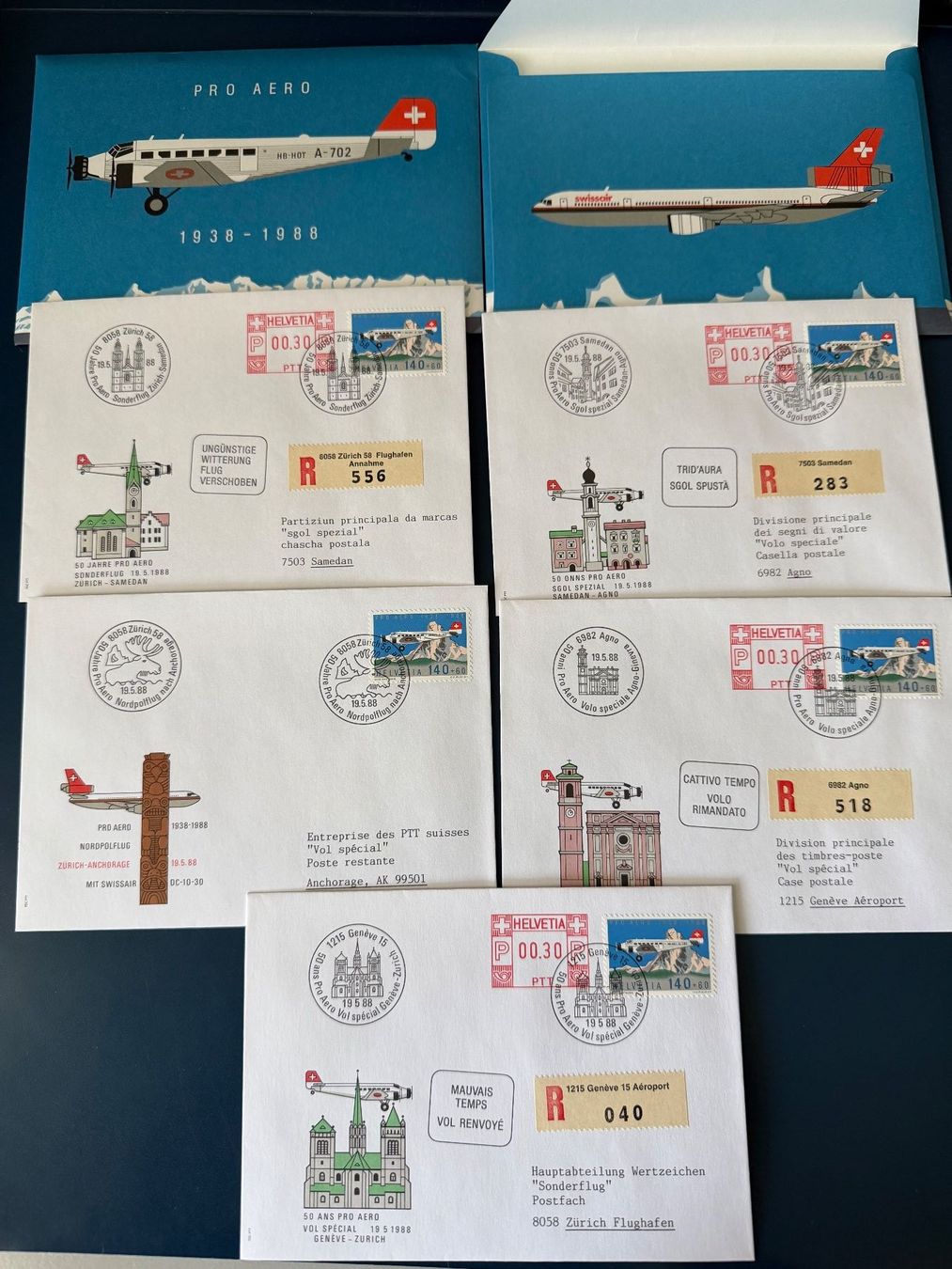 Tutti i francobolli: 1 Set, Pro Aero 1938-1988, 5 Briefe – Usato da Oberhasli venduto da Sicurezza