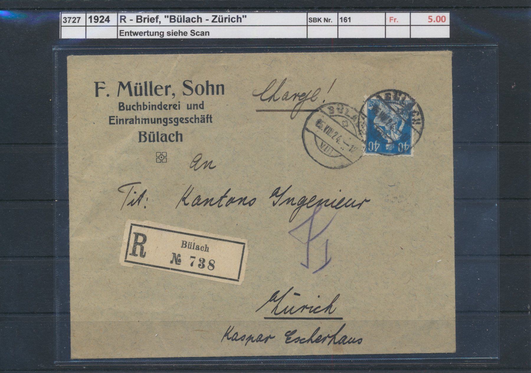 Tutti i francobolli: 1924 R - Brief, "Bülach - Zürich" – Usato da Winterthur venduto da Zupogeru