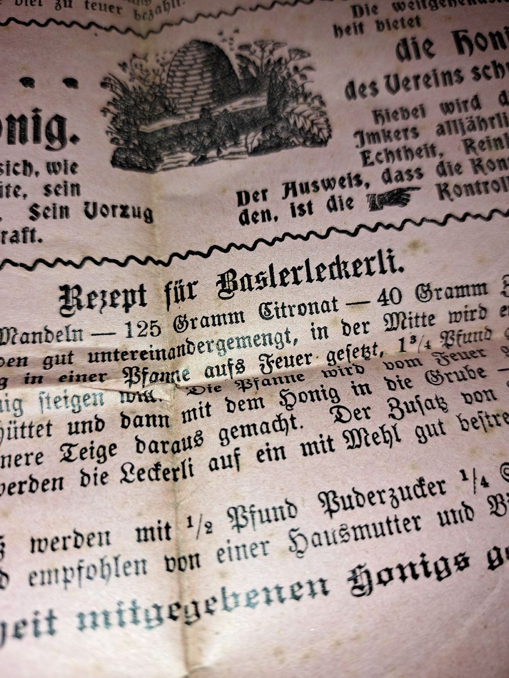 Dokumente: Antike Schweizer Bienenhonig Werbung, Rezept Basler Leckerli – Gebraucht aus Kölliken von Upcycling-by-Mc-TAM 1