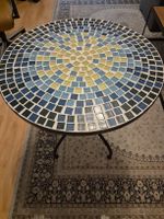 Round Mosaic Table Blue Yellow Pattern Metal Base