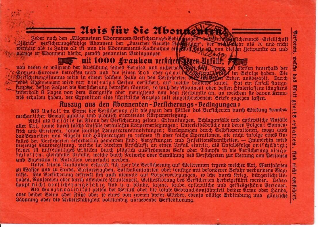 Tutti i francobolli: PK, Luzerner Neueste Nachrichten 1922 – Usato da Hochdorf venduto da Ziegel-16 1