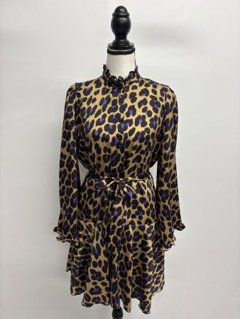 Dixie Satin Kleid Leo Gr. S beige lila lange Ärmel Gürtel