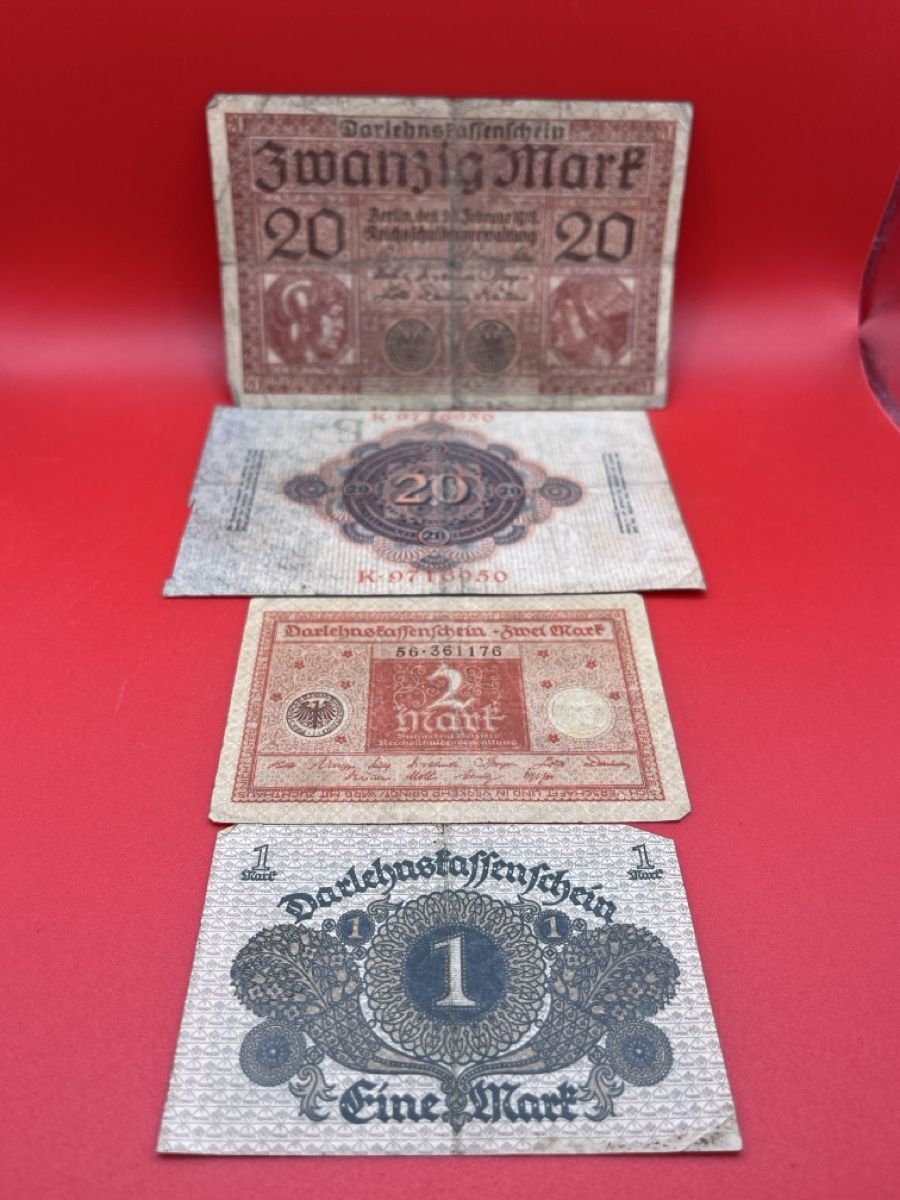 Banconote: 20, 2 und 1 Mark Darlehensschein 1918, 20 Mark 1914 – Usato da Root venduto da 156500