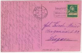 10 Rp. Tell RM mit Klebestelle auf AK von BASEL nach LUZERN