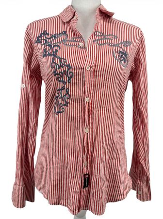 Chemise Rayée Blanc Rouge à Broderies Gris/Bleu S