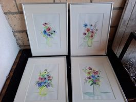 4er Set Aquarell Blumenbilder, Alurahmen, Ca 30 x 40 cm