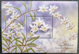 Sonderbriefmarke mit gesticktem Orchideenmotiv, Singapur
