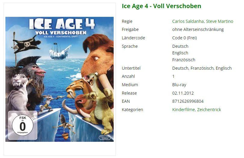 Tutti i DVDs: Ice Age 4 - Voll Verschoben (Bluray) – Usato da Emmetten venduto da SVollenweider