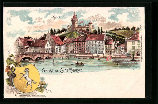 Ansichtskarten: Lithographie Schaffhausen, Munot, Wappen – Gebraucht aus Berlin von bartko-reher