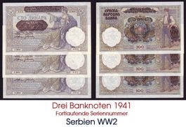 3 x 100 Dinar 1941 WW2 UNZ fortlaufend