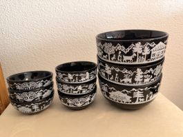 Ensemble de 8 bols noir motif paysage montagneux