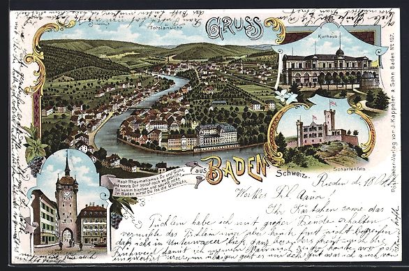 Cartoline postali: Litho Baden, Totalansicht, Stadtturm, Ku – Usato da Berlin venduto da bartko-reher