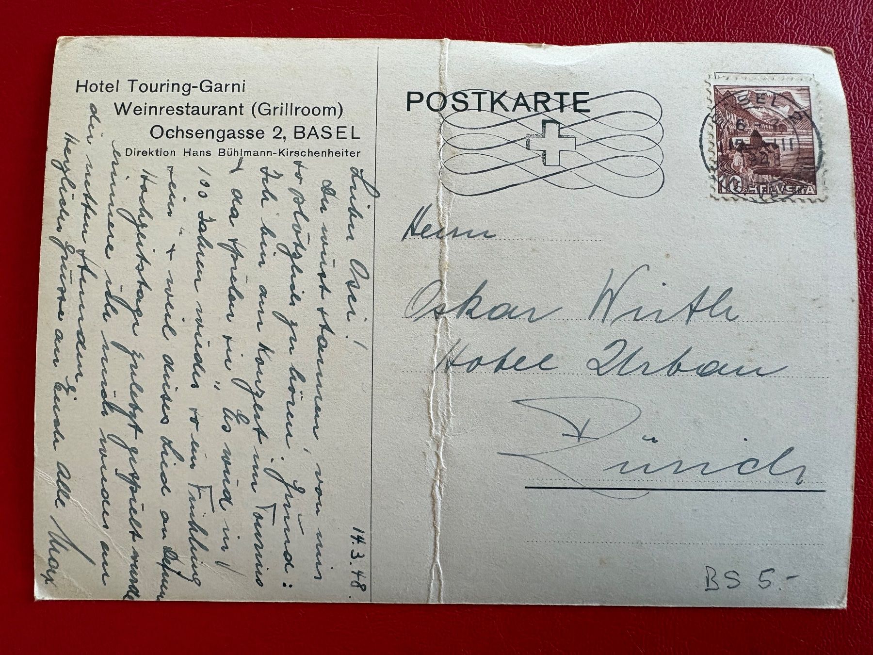 Ansichtskarten: 1948 Hotelkarte Touring-Garni Basel – Gebraucht aus St-Légier-La Chiésaz von Theo005 1