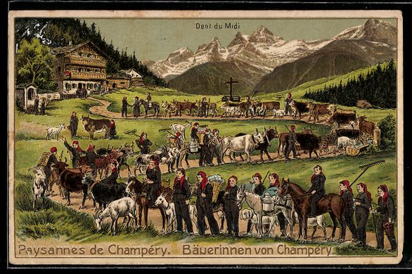 Cartes postales: Lithographie Champéry, Bäuerinnen von Champéry – D'occasion à Berlin par bartko-reher