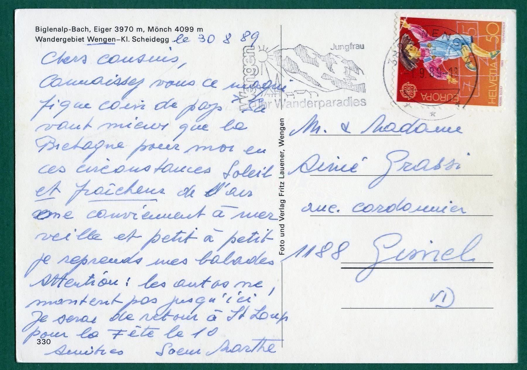 Cartes postales: Biglenalp-Bach, Eiger, Mönch, 1989, gelaufen, Grossformat – D'occasion à Sargans par Hausi1951 1