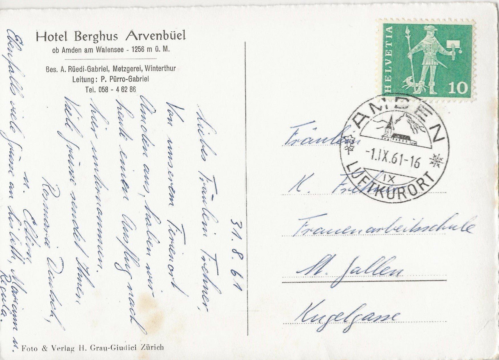 Cartoline postali: Hotel Berghus,Arvenbüel,Amden,1961 – Usato da Frauenfeld venduto da Merk52 1