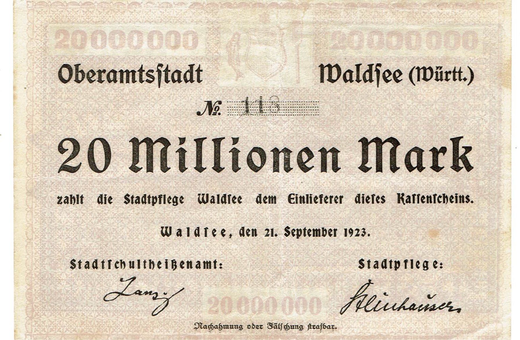 Banknoten: Waldsee 20 Mil.Mark 21.09.1923 SS++-VZ – Gebraucht aus Steffisburg von ber_8htf