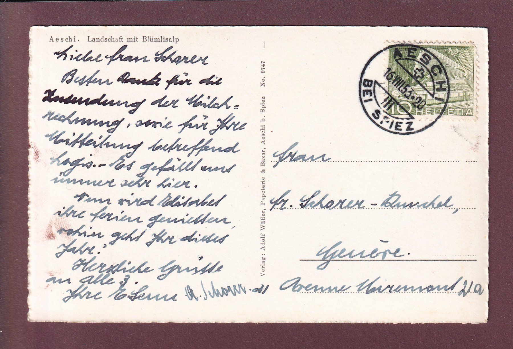 Cartoline postali: AESCHI - Blümlisalp - 1953 – Usato da Pully venduto da nicecards 1