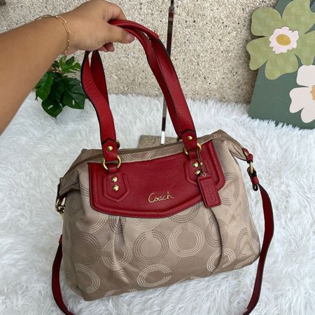 Handtasche Coach Damen Leder Stoff beige rot 42cm 35cm