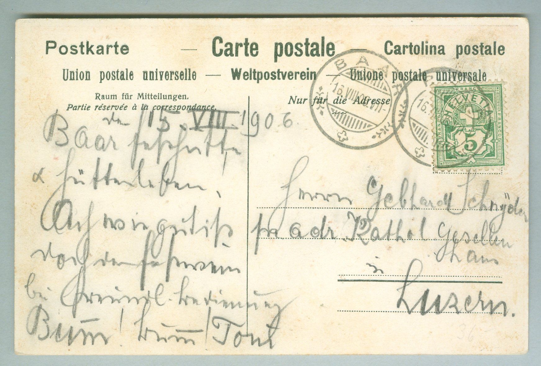 Cartoline postali: 1906 Schweiz AK Kt ZG – Usato da Zürich venduto da yago-rot 1